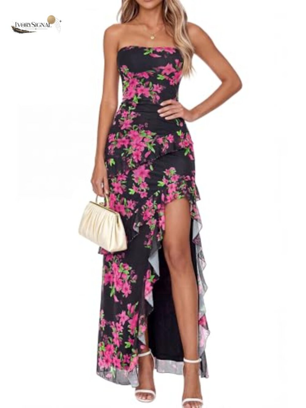 Off Shoulder Strapless Backless Maxi Dress High Slit Ruffle Hem Mesh
